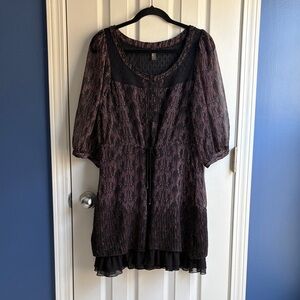 Free People Floral Vines Crochet-Trim Ruffle Hem Tiered Chiffon Dress Size M